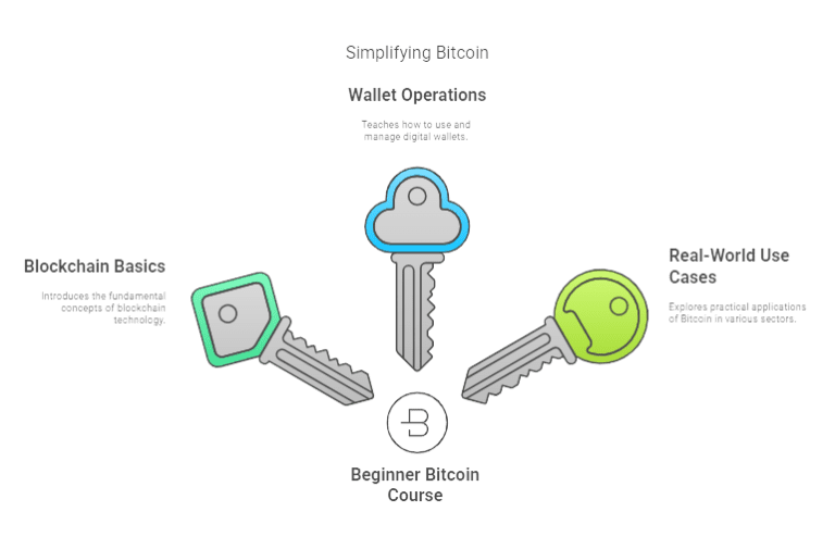 Graphic showcasing beginner Bitcoin course topics like blockchain, wallets, and use cases.