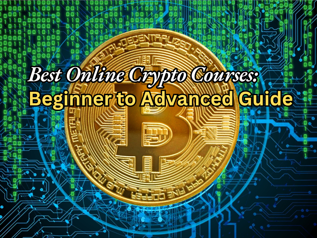A bitcoin coin with green code in the back going down and kind of a circle round it. It has this Title "Best Online Crypto Courses: Beginner to Advanced Guide".