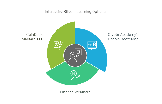 Circular diagram of interactive Bitcoin learning options, including webinars and masterclasses.