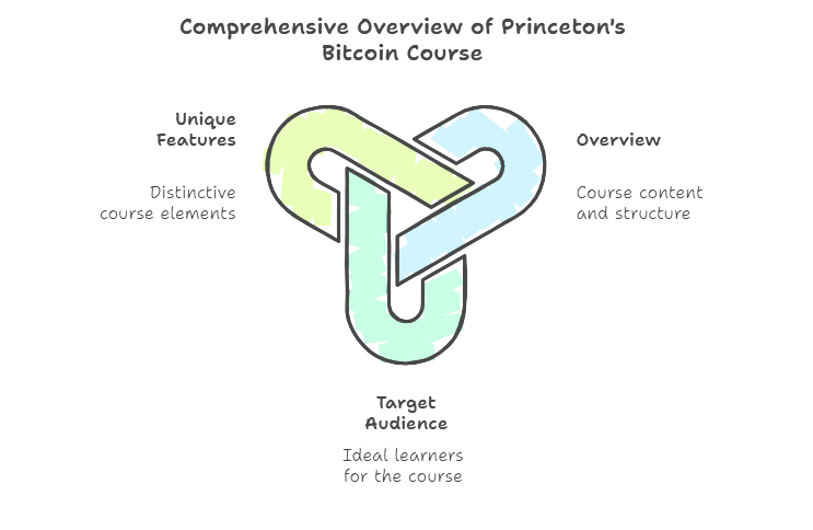 Graphic showcasing Princeton’s Bitcoin course overview with unique features and ideal learners.