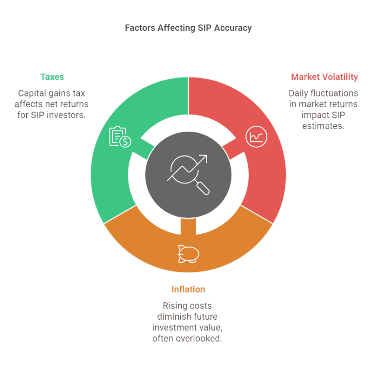 Circular chart showing taxes, market volatility, and inflation as factors impacting SIP accuracy.