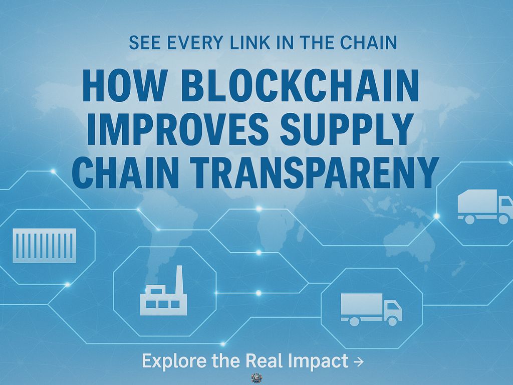 Blue infographic with a world map and connected hexagon icons (container, factory, trucks) and overlaid text “See Every Link in the Chain – How Blockchain Improves Supply Chain Transparency. Explore the Real Impact →.”