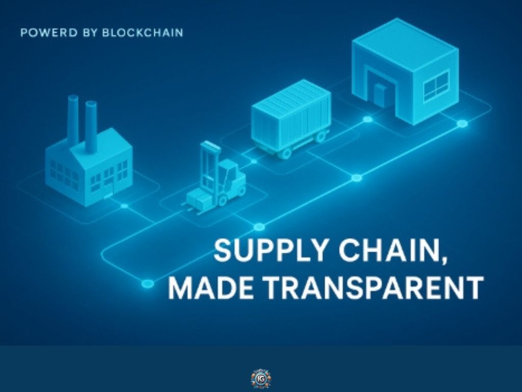 Isometric illustration of a factory, forklift with container, and warehouse connected by digital nodes, overlaid with “POWERD BY BLOCKCHAIN” and “SUPPLY CHAIN, MADE TRANSPARENT.”