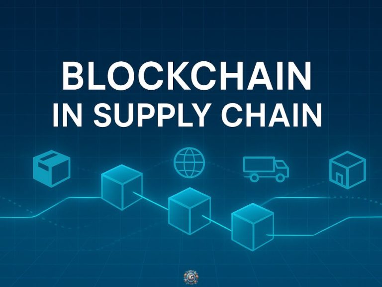 Dark blue grid background with connected cubes and icons (package, globe, truck, warehouse) under the text “BLOCKCHAIN IN SUPPLY CHAIN.”