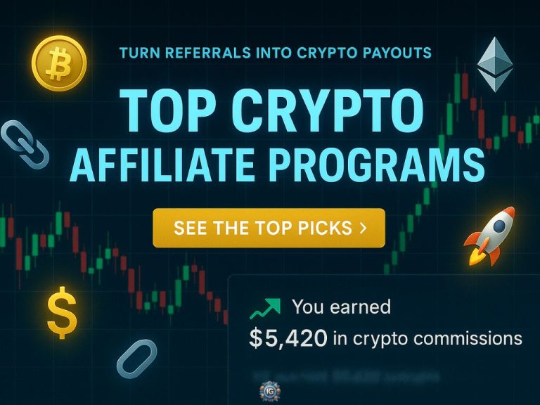 Dark candlestick chart behind icons of Bitcoin, Ethereum, dollar sign, rocket, with text “Turn Referrals into Crypto Payouts – Top Crypto Affiliate Programs” and a gold “See the Top Picks →” button, plus “You earned $5,420 in crypto commissions.”