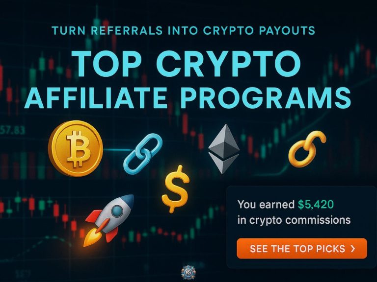 Dark candlestick chart behind icons of Bitcoin, Ethereum, link, dollar, rocket, with text “Turn Referrals into Crypto Payouts – Top Crypto Affiliate Programs,” call-out “You earned $5,420 in crypto commissions,” and an orange “See the Top Picks →” button.