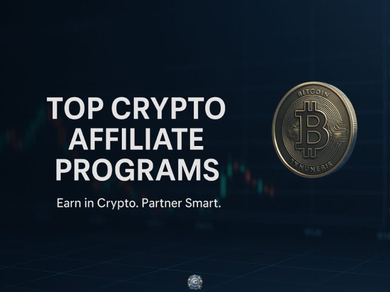 Gold Bitcoin coin next to the words “TOP CRYPTO AFFILIATE PROGRAMS – Earn in Crypto. Partner Smart.” over a dark candlestick chart background.