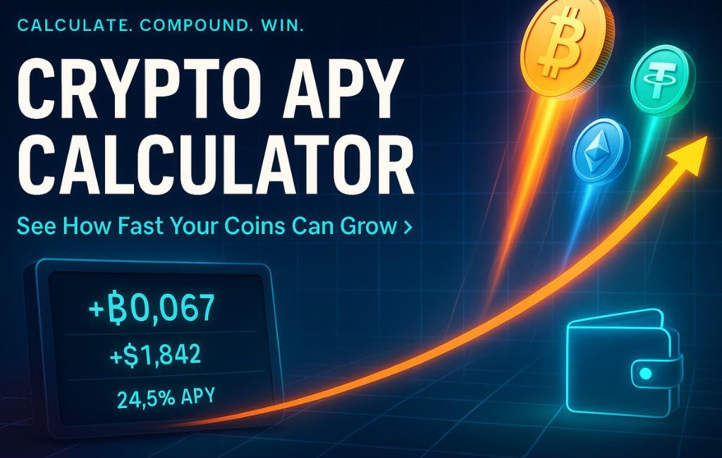 Dark grid background with neon Bitcoin, Ethereum, and Tether icons flying up an orange arrow from a wallet; overlaid text “Crypto APY Calculator – Calculate. Compound. Win.” and a panel showing +฿0.067, +$1,842 at 24.5% APY.