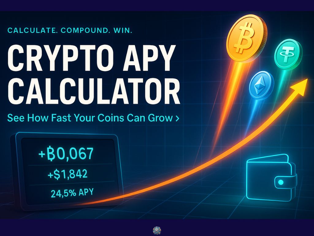 Dark grid background with neon Bitcoin, Ethereum, and Tether icons flying up an orange arrow from a wallet; overlaid text “Crypto APY Calculator – Calculate. Compound. Win.” and a panel showing +฿0.067, +$1,842 at 24.5% APY.