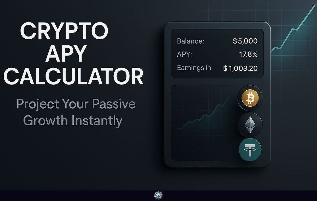 Dark interface with crypto APY calculator showing $5,000 balance, 17.8% APY, $1,003.20 projected earnings, and Bitcoin, Ethereum, Tether icons under the heading “CRYPTO APY CALCULATOR.”