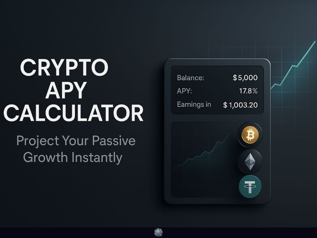 Dark interface with crypto APY calculator showing $5,000 balance, 17.8% APY, $1,003.20 projected earnings, and Bitcoin, Ethereum, Tether icons under the heading “CRYPTO APY CALCULATOR.”
