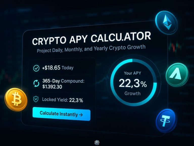 Dark crypto APY calculator UI showing +$18.65 today, 365-day compound $1,392.30, locked yield 22.3%, a gauge “Your APY 22.3% Growth,” and floating icons for Bitcoin, Ethereum, Avalanche, and Tether.