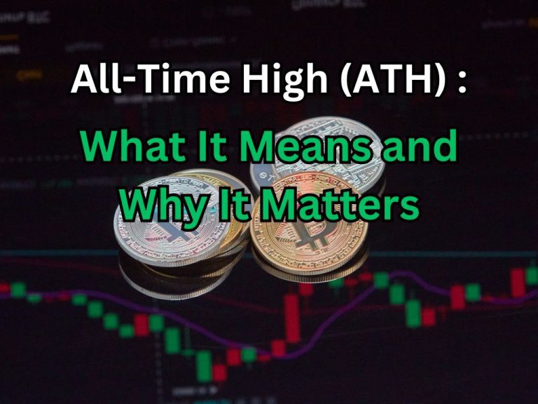 Cryptocurrency all-time high (ATH) concept with Bitcoin and altcoins stacked on a trading chart background showing price increases.