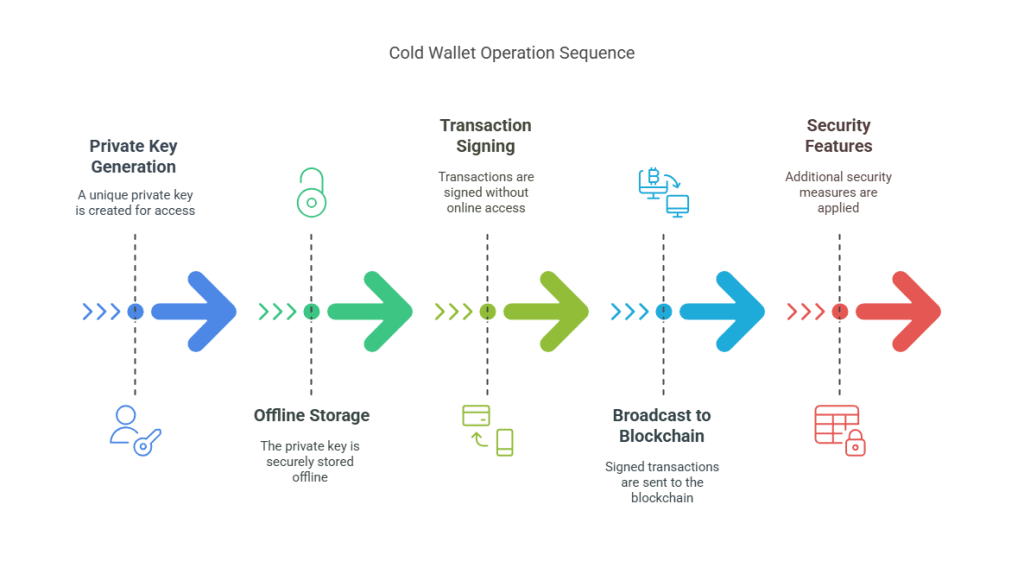 Diagram illustrating the cold wallet operation sequence, including key generation, offline storage, and security features.