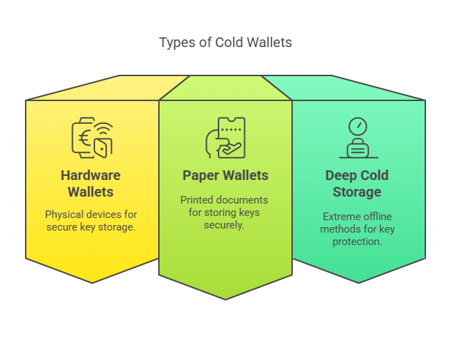 Visual comparison of different cold wallet types, including hardware, paper, and deep cold storage.