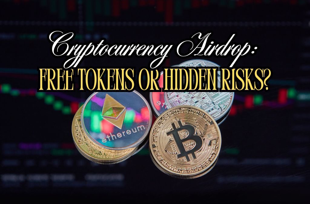 Bitcoin, Ethereum, and other cryptocurrencies floating against a digital market chart background, symbolizing the concept of crypto airdrops and potential risks.