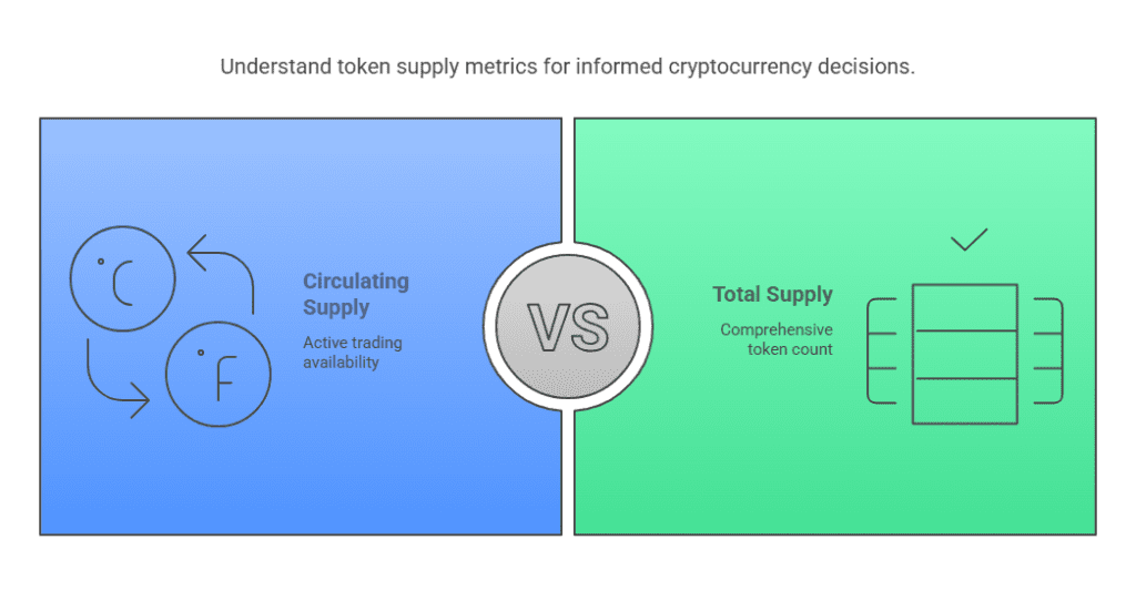 Infographic comparing circulating supply and total supply in cryptocurrency, showing active trading availability versus total token count.
