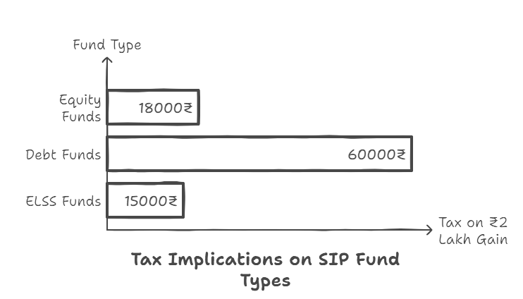 Bar chart showing tax amounts for SIP fund types: ₹18,000 for Equity Funds, ₹60,000 for Debt Funds, and ₹15,000 for ELSS Funds on a ₹2 lakh gain.