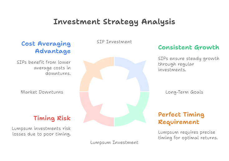 Infographic comparing SIP and Lumpsum strategies, with focus on reducing risks and maximizing gains.