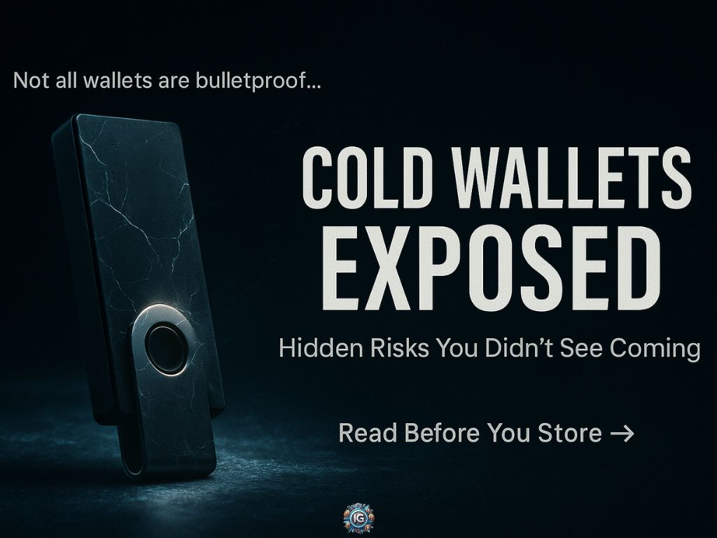Hardware crypto wallet on a dark surface with overlay text “Not all wallets are bulletproof… Cold Wallets Exposed – Hidden Risks You Didn’t See Coming. Read Before You Store →.”