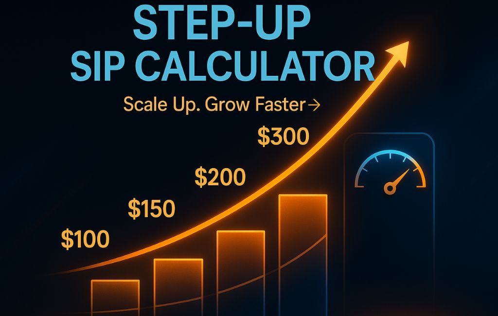 Neon bar chart on dark background showing $100, $150, $200, $300 under a rising orange arrow and speedometer icon, with overlay text “STEP-UP SIP CALCULATOR Scale Up. Grow Faster →.”