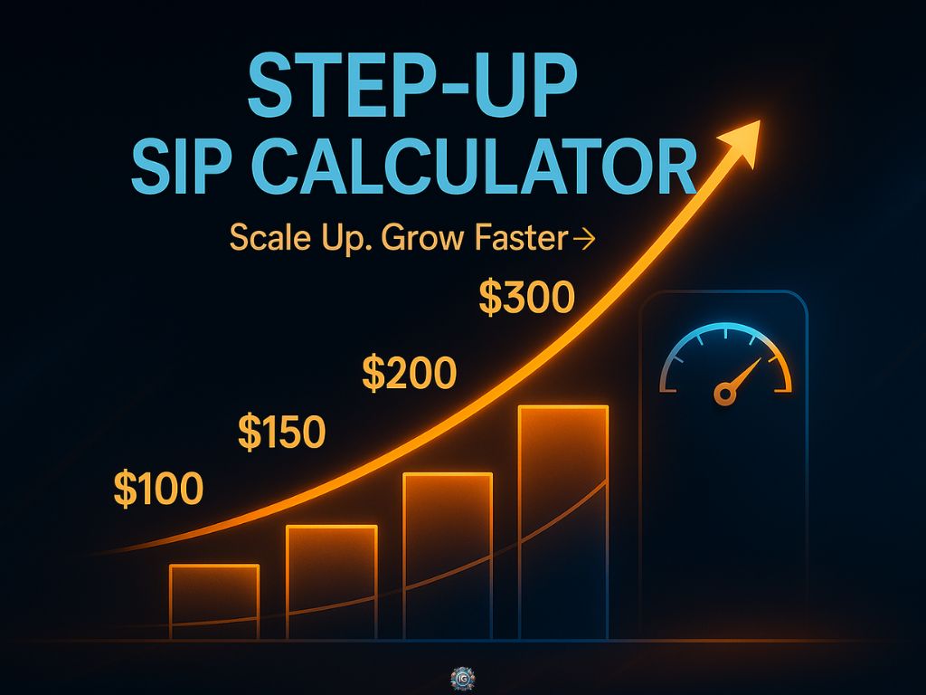 Neon bar chart on dark background showing $100, $150, $200, $300 under a rising orange arrow and speedometer icon, with overlay text “STEP-UP SIP CALCULATOR Scale Up. Grow Faster →.”