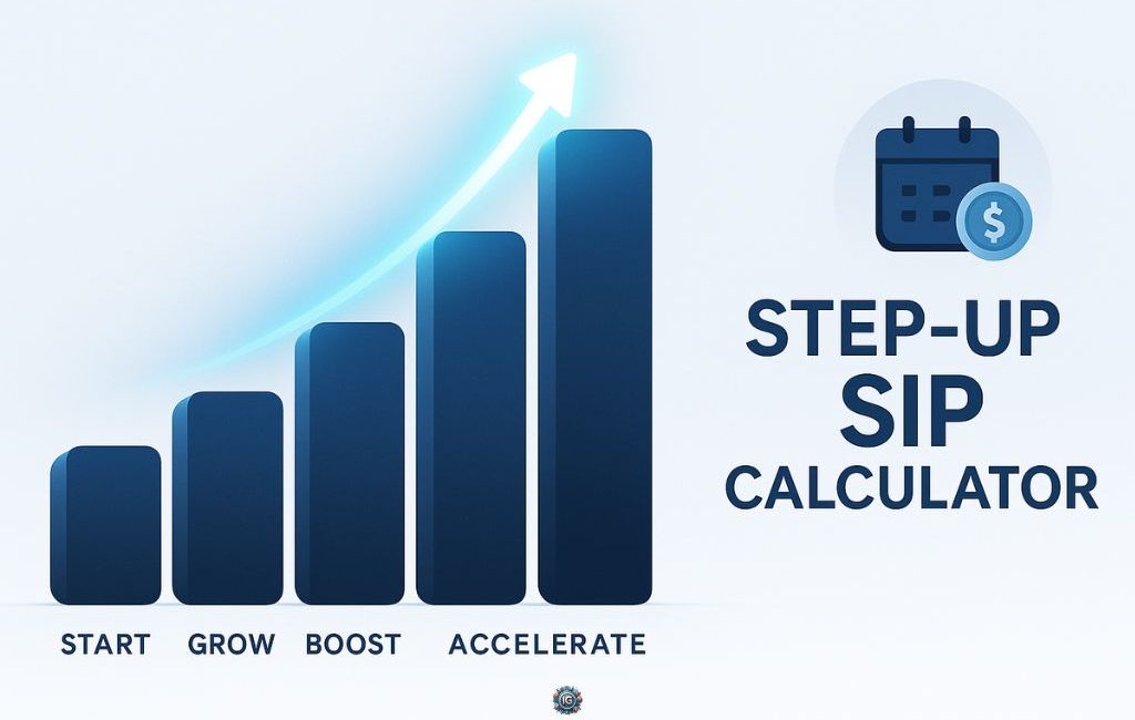 Five ascending dark-blue bars labeled Start, Grow, Boost, Accelerate under an upward arrow, next to a calendar-coin icon and the text “STEP-UP SIP CALCULATOR.”