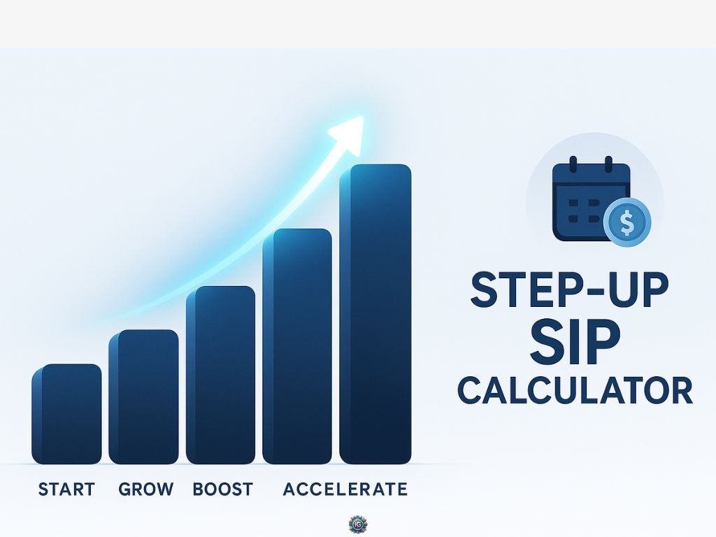Five ascending dark-blue bars labeled Start, Grow, Boost, Accelerate under an upward arrow, next to a calendar-coin icon and the text “STEP-UP SIP CALCULATOR.”