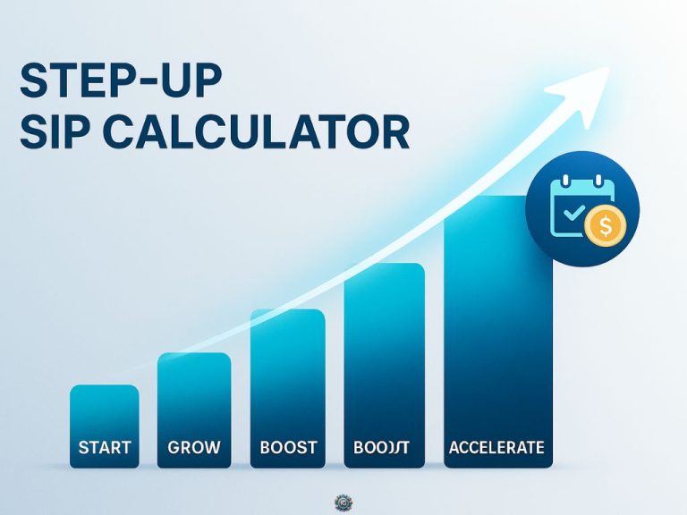 Bar chart with four columns labeled Start, Grow, Boost, Accelerate under an upward arrow and a calendar-coin icon, captioned “STEP-UP SIP CALCULATOR.”