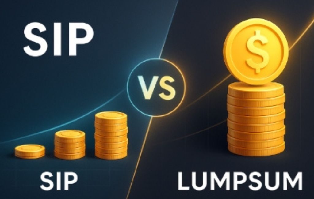 Graphic comparing SIP—three growing coin stacks under a blue curve—versus LUMPSUM—a single tall coin stack under a gold curve—with “VS” in the middle.