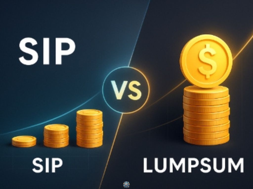 Graphic comparing SIP—three growing coin stacks under a blue curve—versus LUMPSUM—a single tall coin stack under a gold curve—with “VS” in the middle.