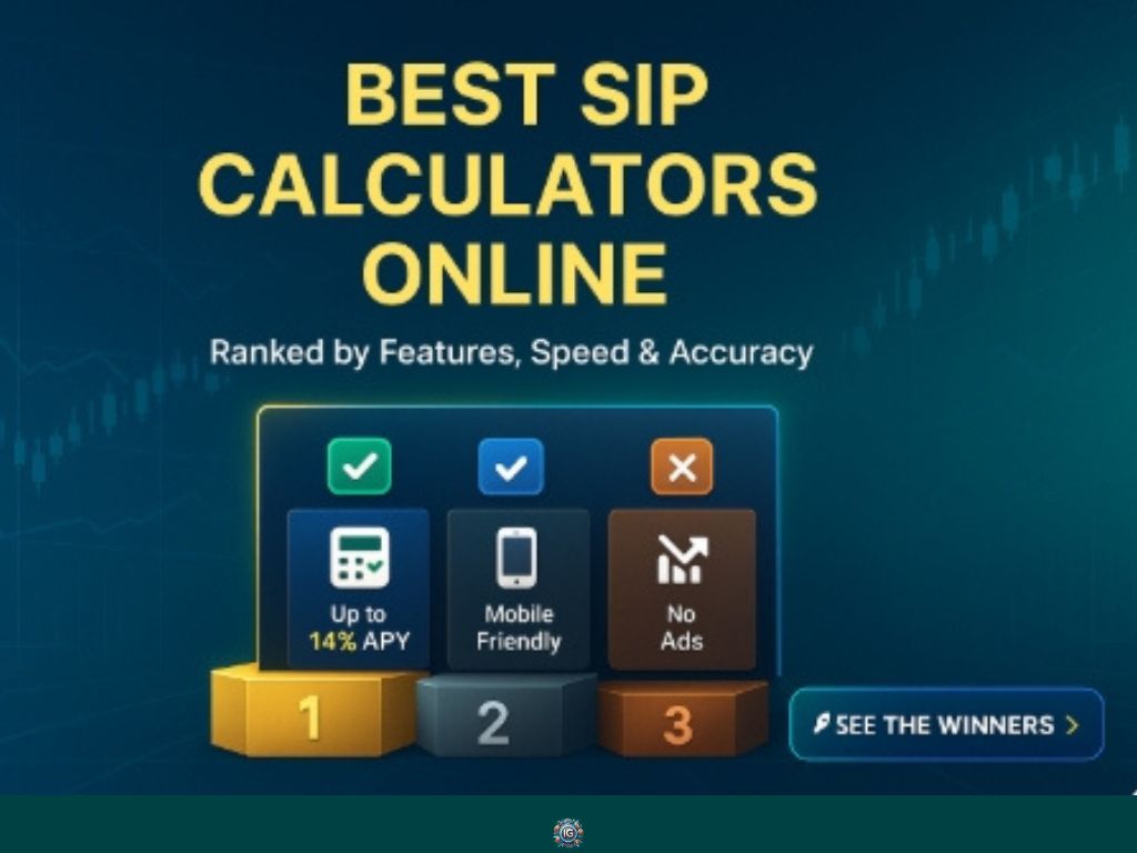 Graphic promoting the best SIP calculators online, showing ranked features like up to 14% APY, mobile-friendly design, and no ads, with a podium for top tools and a “See the Winners” button.