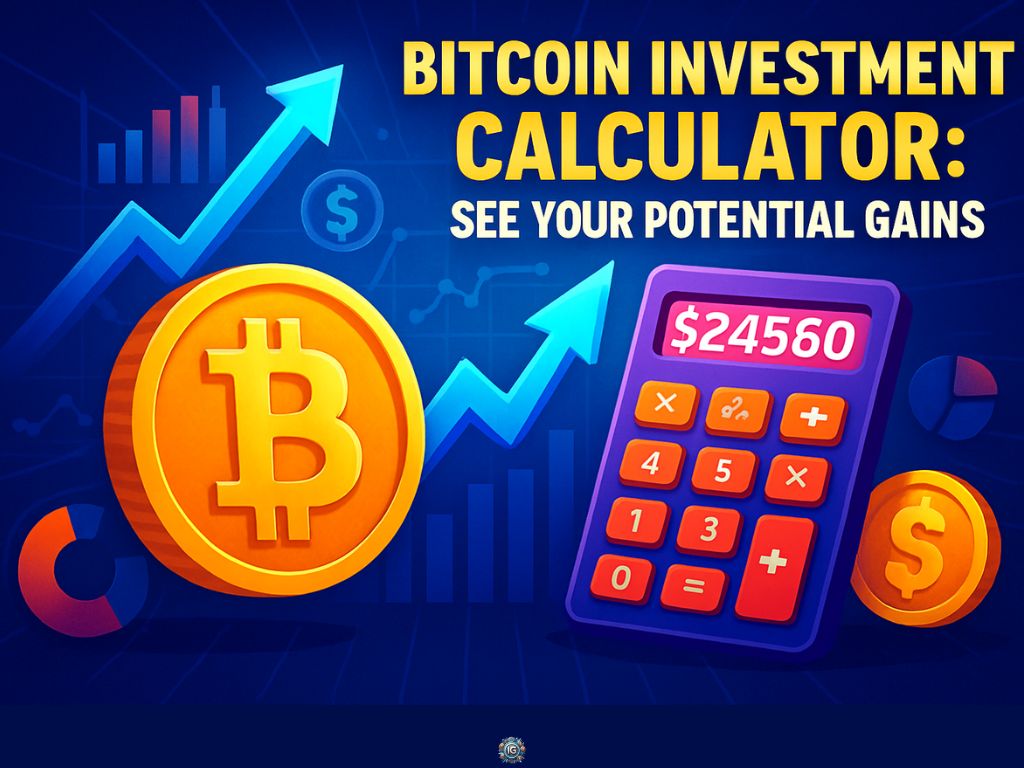 Colorful graphic with a Bitcoin coin, calculator showing $24,560, upward arrow, and charts, promoting a Bitcoin investment calculator for estimating potential gains.