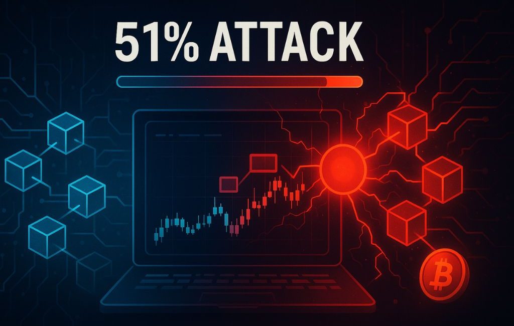 Illustration of a 51% blockchain attack with red and blue network nodes, a candlestick chart on a laptop screen, and Bitcoin symbol showing the threat of majority control in crypto networks.