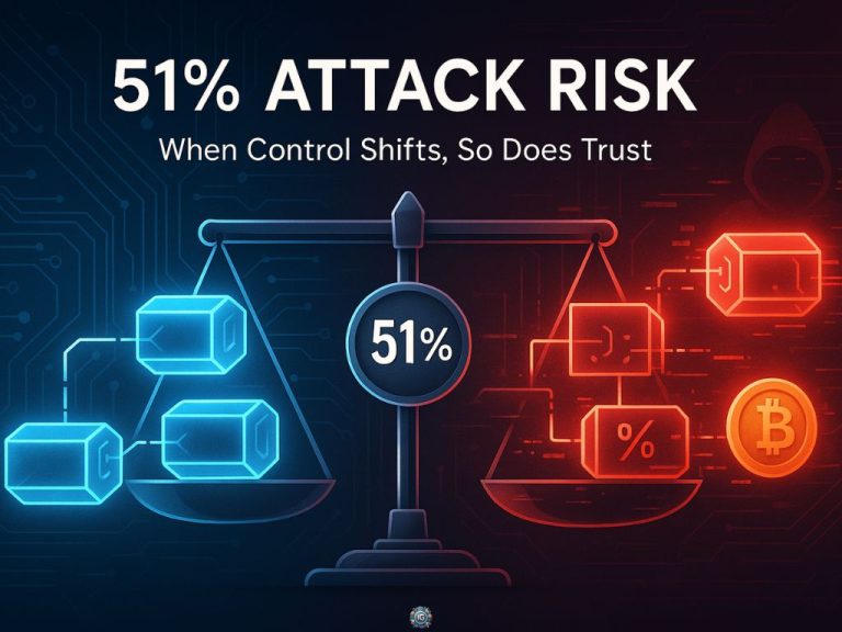 Digital graphic showing a scale with blue and red blockchain blocks and “51%” in the center, symbolizing the risk of majority control in a blockchain network, with Bitcoin icon and hacker motif.