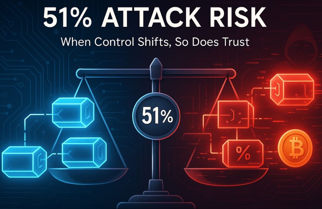 Digital graphic showing a scale with blue and red blockchain blocks and “51%” in the center, symbolizing the risk of majority control in a blockchain network, with Bitcoin icon and hacker motif.
