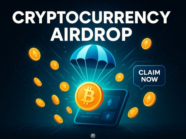 Graphic showing a Bitcoin coin descending by parachute during a crypto airdrop, with floating coins, a wallet, and a “Claim Now” button on a dark digital background.