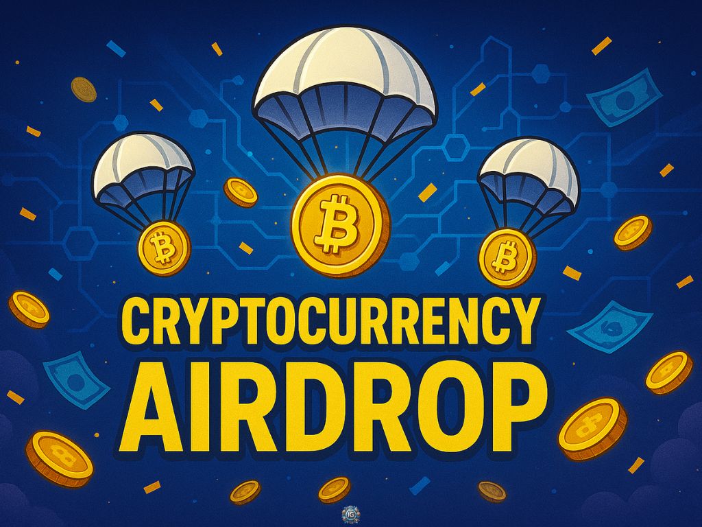 Illustration of parachuting Bitcoin coins for a crypto airdrop event, with bold text “Cryptocurrency Airdrop” and digital background elements representing free token distribution.