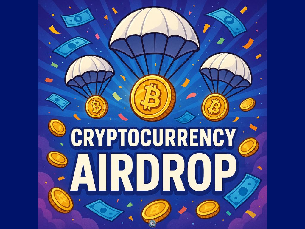 Festive crypto airdrop illustration featuring Bitcoin coins with parachutes, confetti, and dollar bills falling through the sky, labeled “Cryptocurrency Airdrop.”