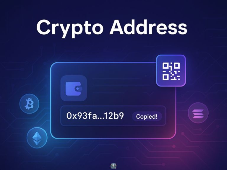 Crypto address interface with a masked wallet ID, QR code, and “Copied!” label, surrounded by icons for Bitcoin, Ethereum, and Solana on a digital background.