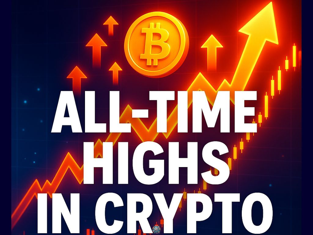 Graphic showing Bitcoin reaching all-time highs with orange arrows, upward chart, and bold “All-Time Highs in Crypto” text over a rising candlestick pattern.