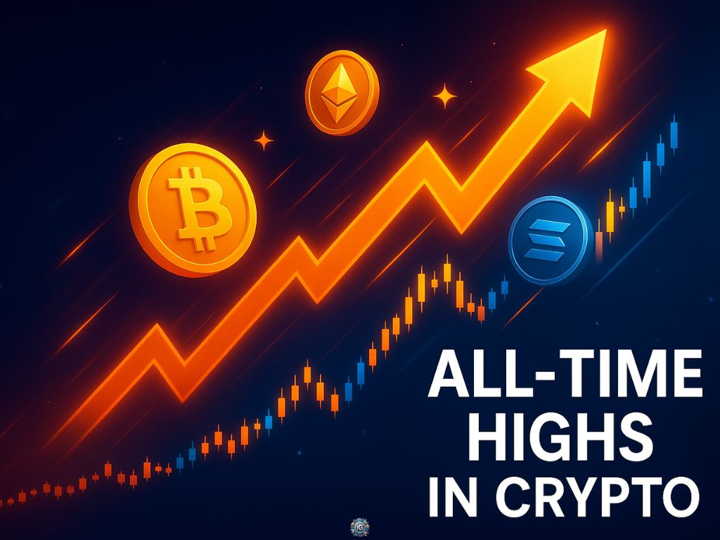 Crypto graphic showing Bitcoin, Ethereum, and Solana icons alongside a rising candlestick chart and arrow, representing all-time high prices in the crypto market.