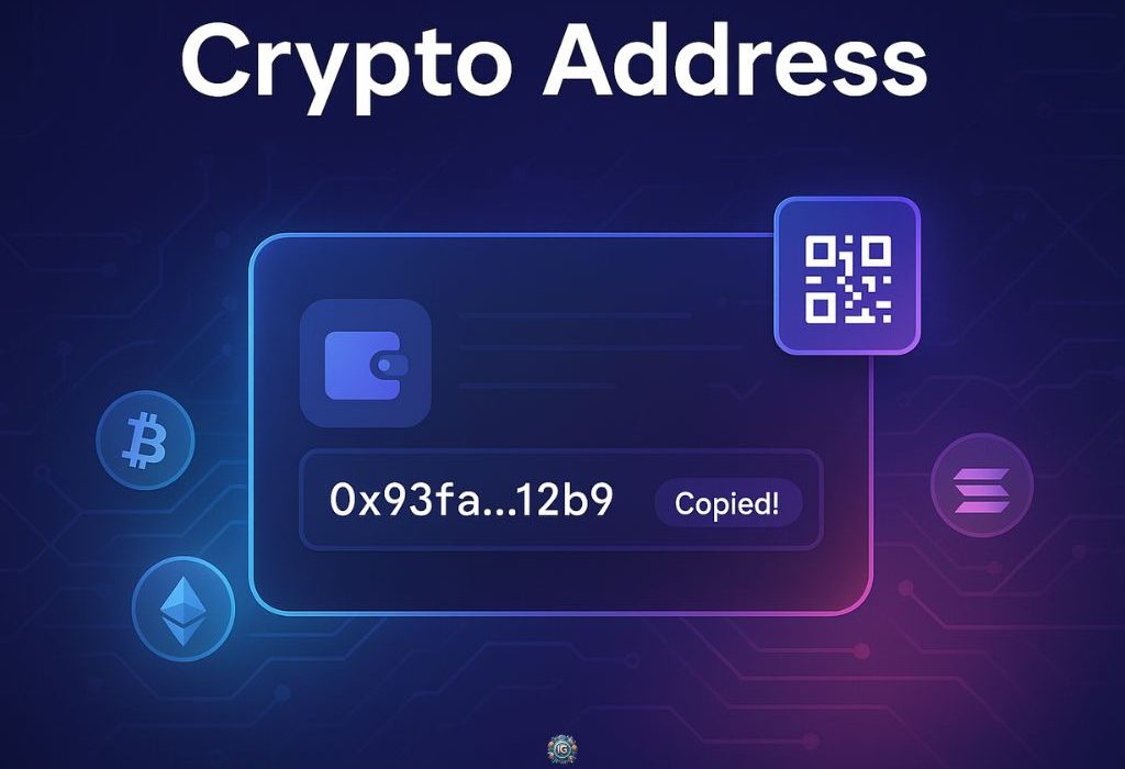 Crypto address interface with a masked wallet ID, QR code, and “Copied!” label, surrounded by icons for Bitcoin, Ethereum, and Solana on a digital background.