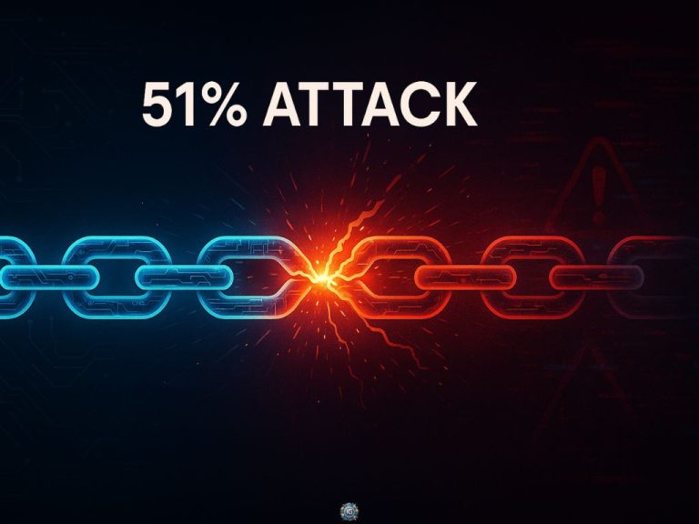 Illustration of a 51% attack showing a digital chain breaking in the center, with blue and red segments and sparks symbolizing a blockchain security breach.