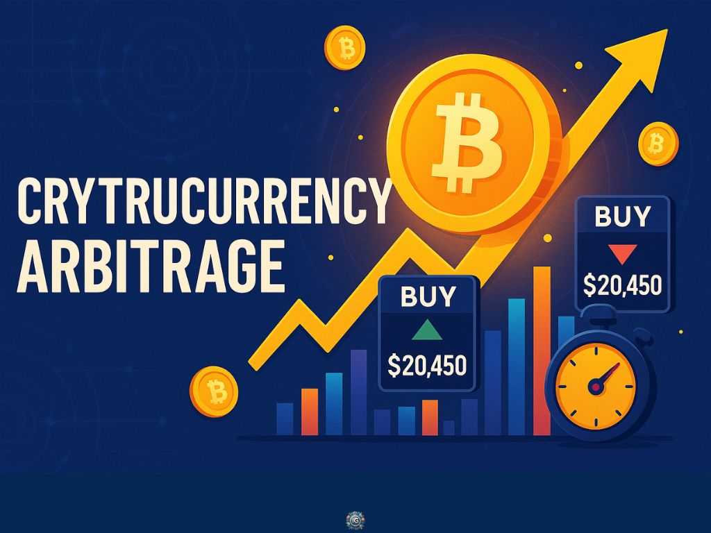 Illustrated image of Bitcoin arbitrage with price tags showing $20,450, upward chart, stopwatch, and a large Bitcoin coin, highlighting exchange profit opportunities.