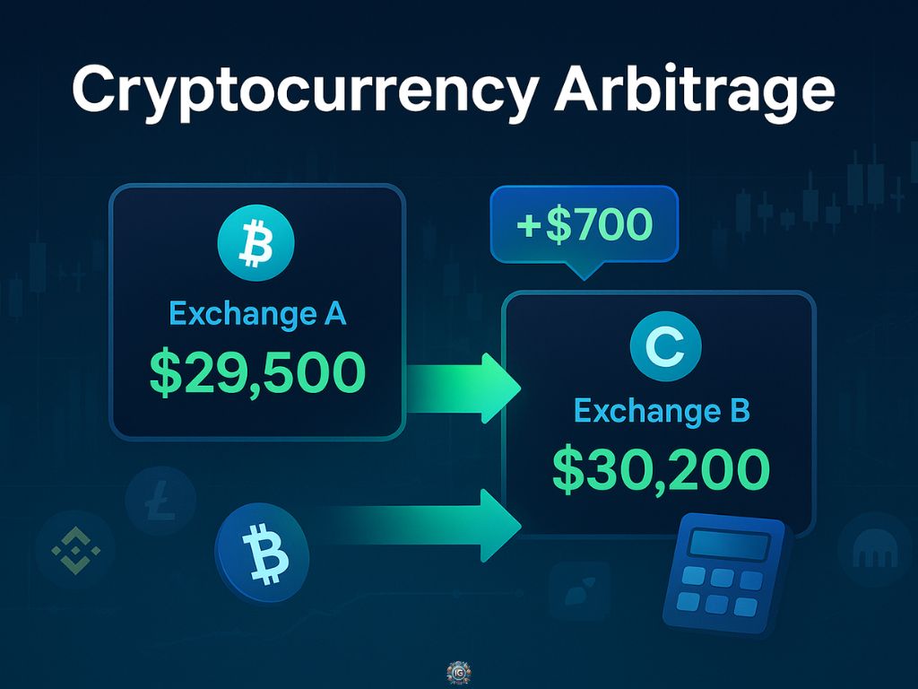 Graphic showing Bitcoin arbitrage opportunity between two crypto exchanges, with a $700 profit from buying at $29,500 and selling at $30,200, featuring Bitcoin icons and directional arrows.