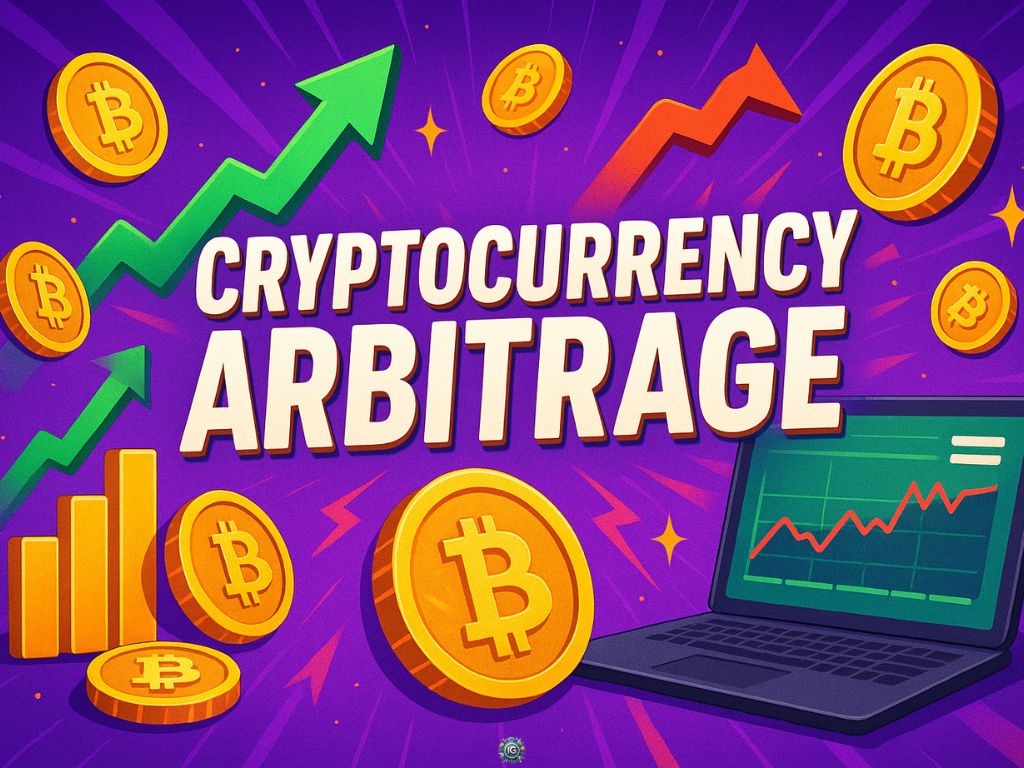 Playful crypto arbitrage image with Bitcoin coins, laptop trading chart, and green upward arrows showing market price discrepancies and profit opportunities.