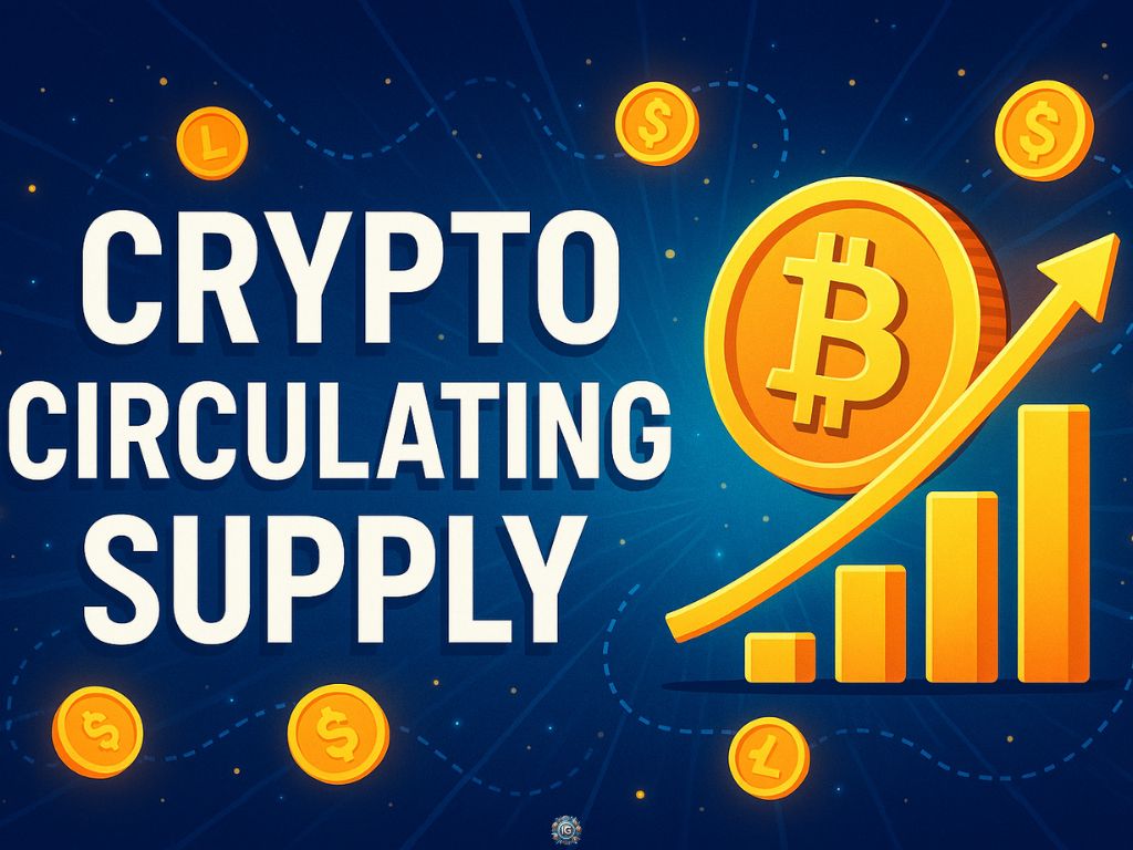 Illustration showing a large Bitcoin coin with a rising bar chart and scattered crypto tokens, representing the concept of circulating supply in cryptocurrency markets.
