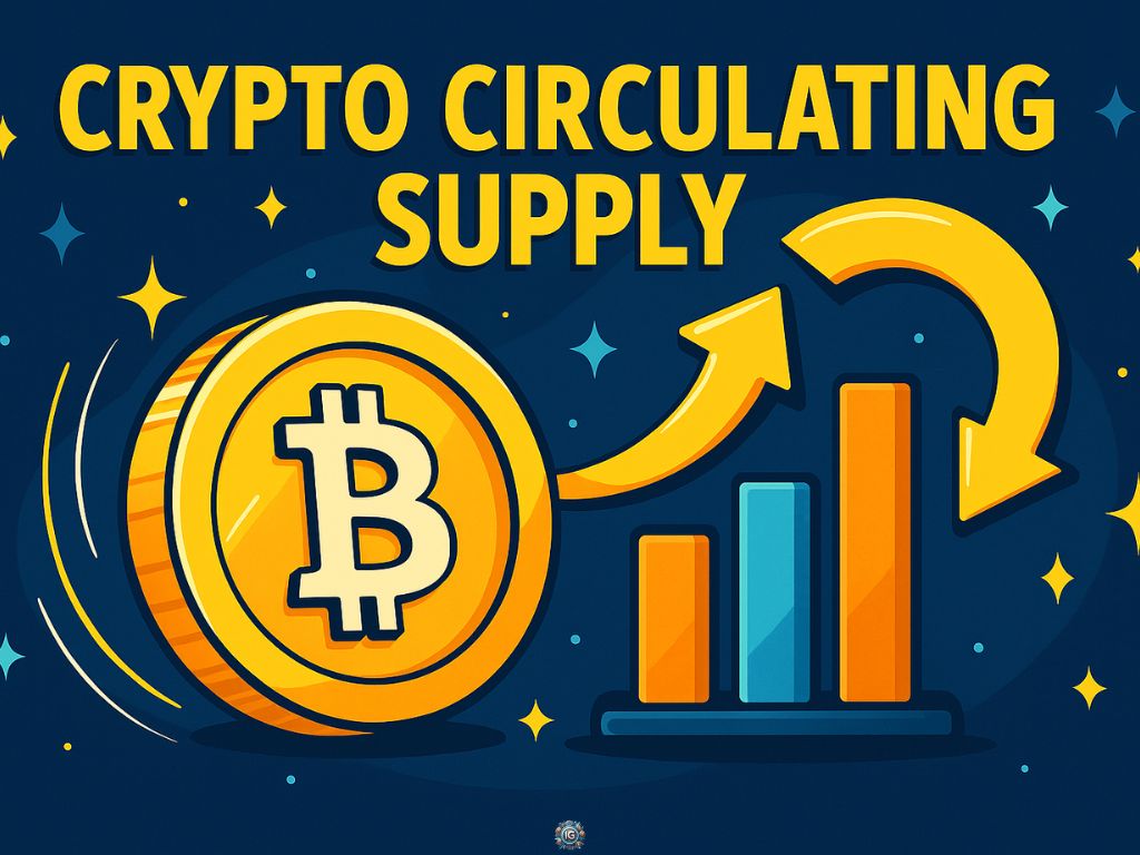 Crypto circulating supply image with large Bitcoin coin, curved yellow arrow, and upward bar chart, representing the flow and volume of Bitcoin in active circulation.