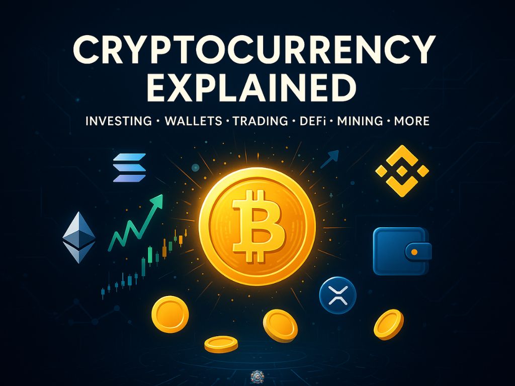 Crypto educational image featuring Bitcoin and icons for Ethereum, Solana, Binance, and Ripple, along with trading charts and wallet graphics under the heading “Cryptocurrency Explained.”
